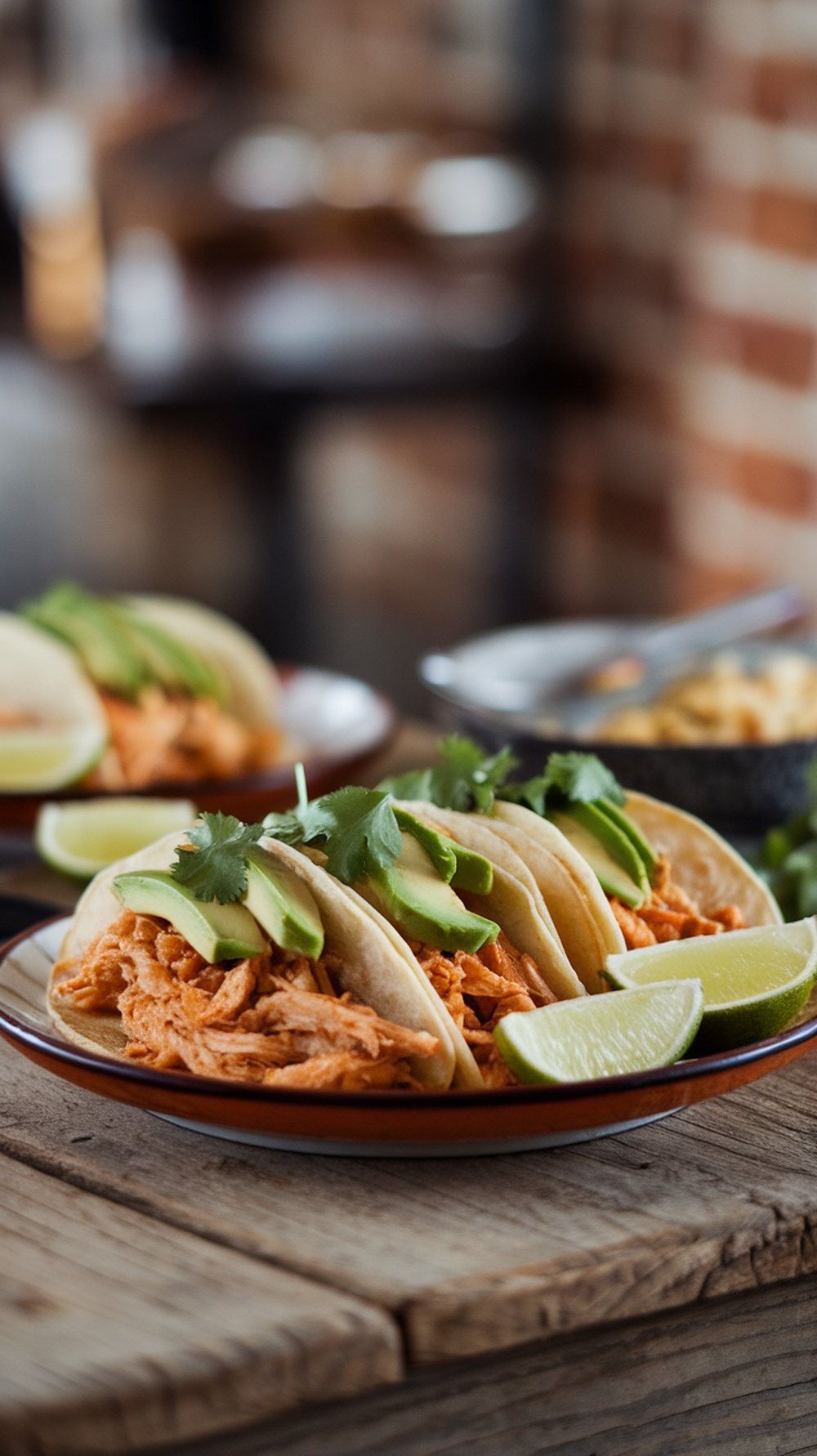 Three creamy shredded chicken tacos with avocado slices and lime wedges on a plate.
