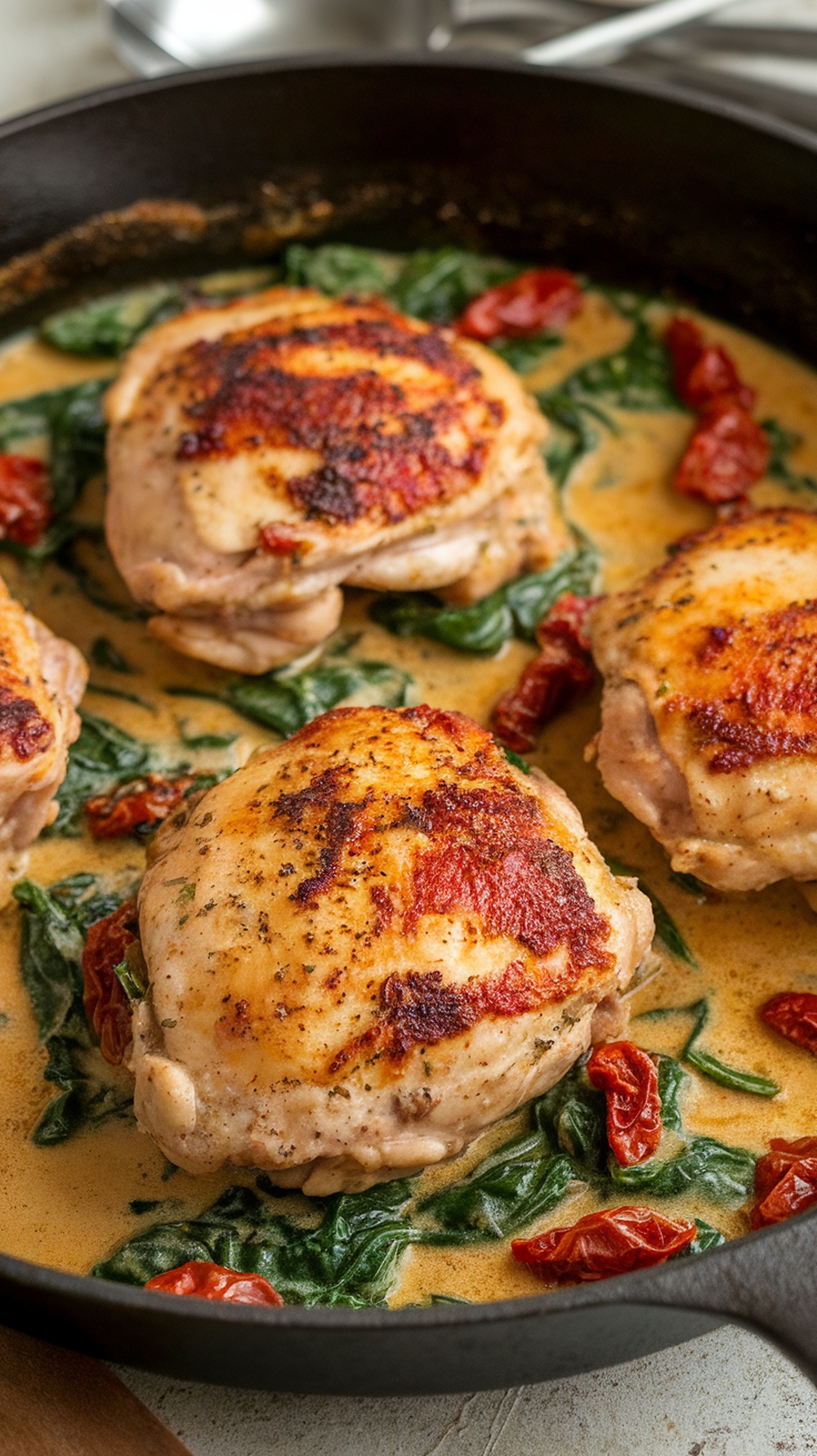 Creamy Tuscan chicken thighs with spinach and sun-dried tomatoes in a skillet.