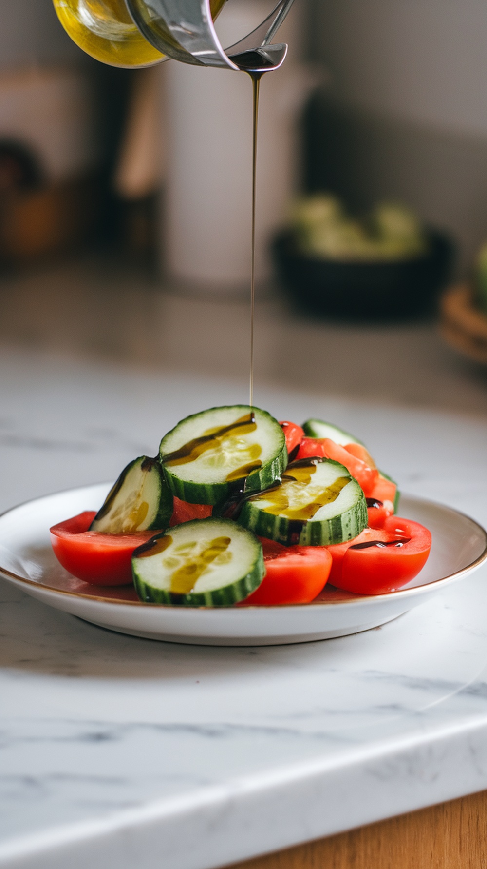 A fresh cucumber and tomato salad ready to be enjoyed.