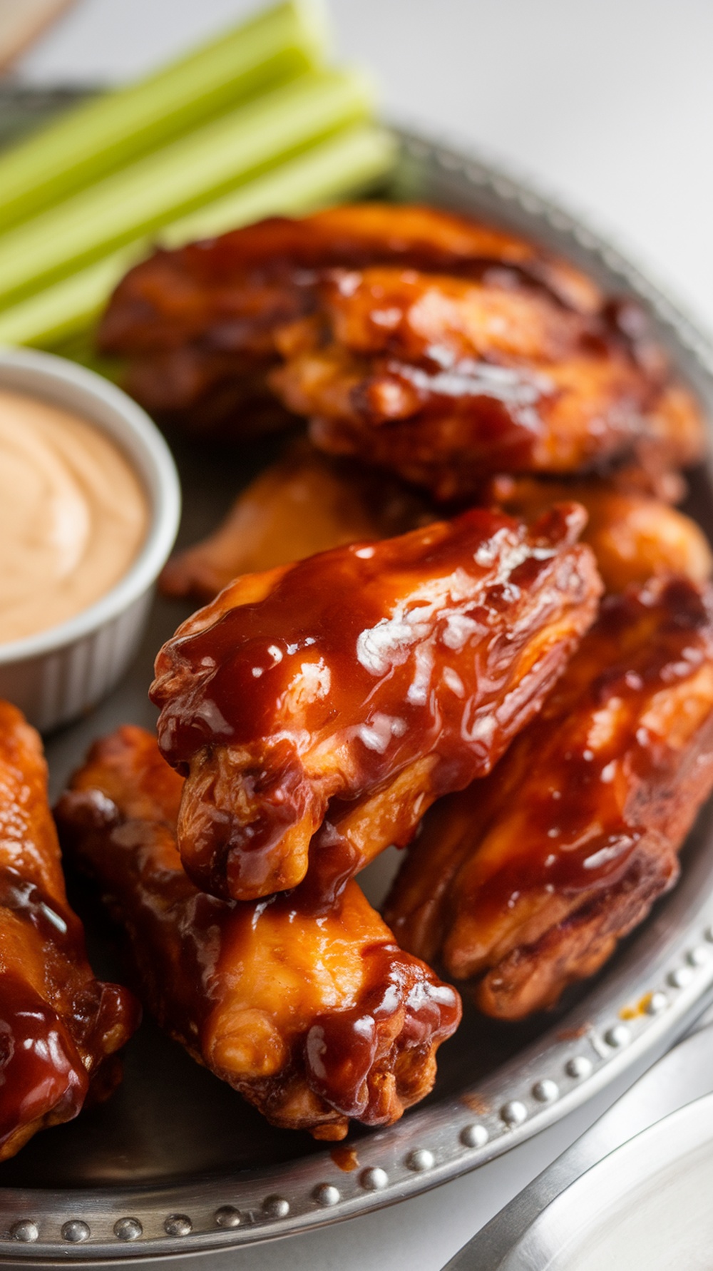 A close-up of crispy baked chicken wings glazed with barbecue sauce.