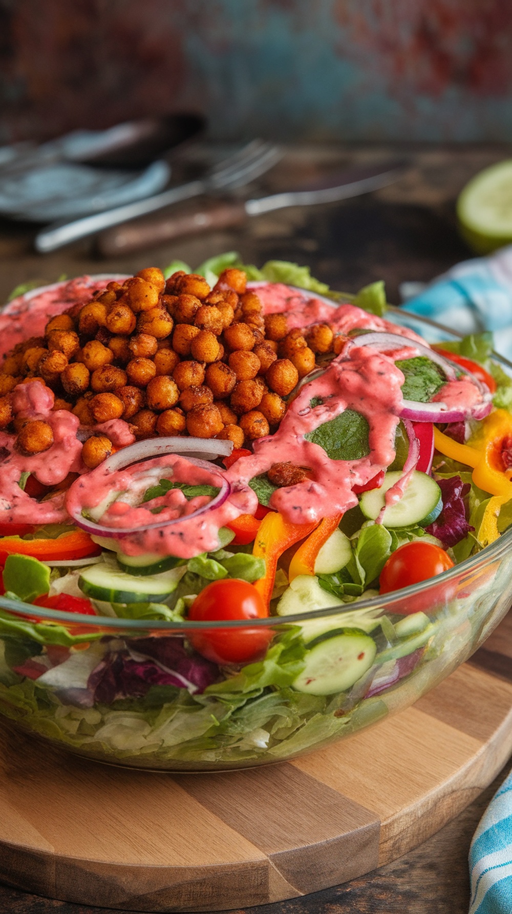 A colorful crispy chickpea salad with mixed greens, vegetables, and a creamy dressing.