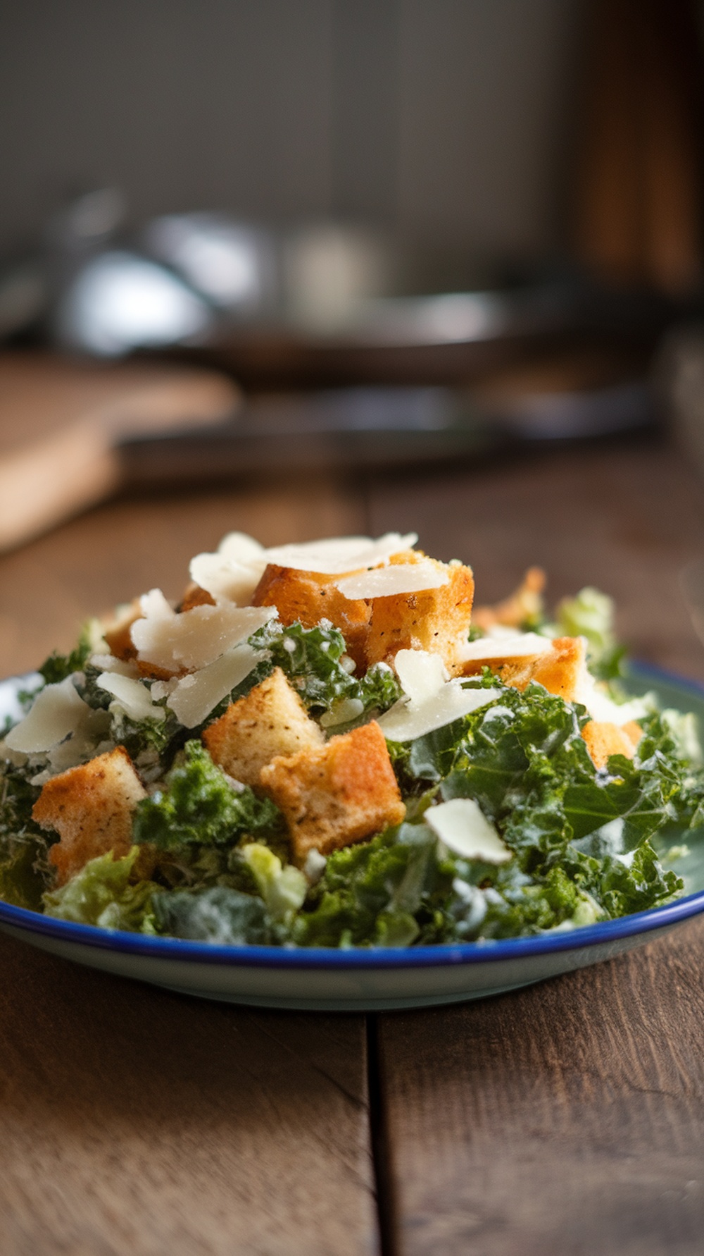 A delicious bowl of crispy kale Caesar salad with croutons and shaved Parmesan cheese.