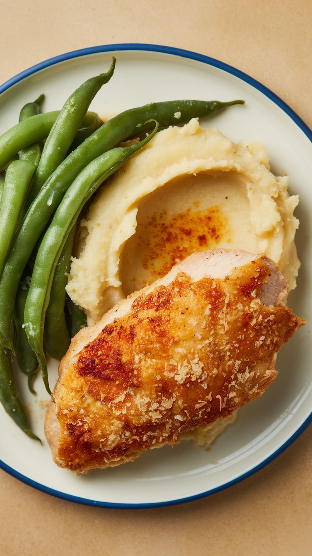 Crispy Parmesan Crusted Chicken served with green beans and mashed potatoes.