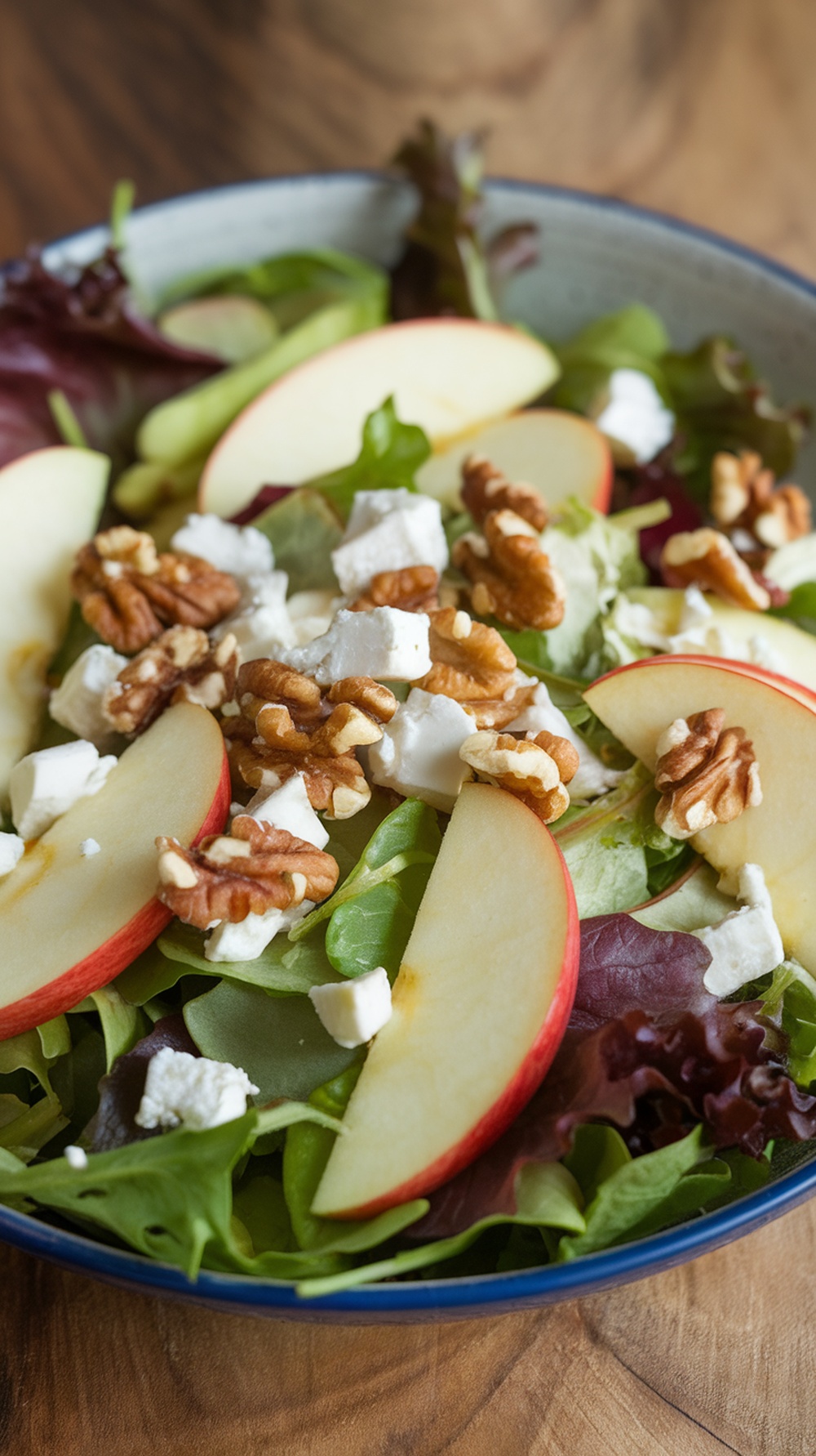 A bowl of crunchy apple walnut salad with greens, apple slices, walnut pieces, and feta cheese.