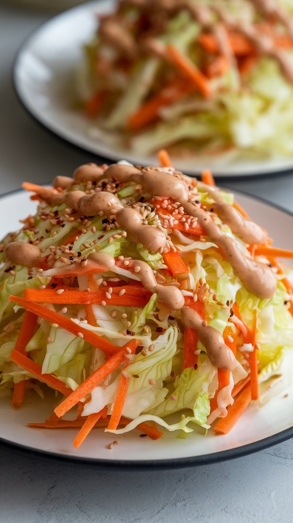 A vibrant bowl of crunchy Asian slaw topped with sesame dressing and sesame seeds.