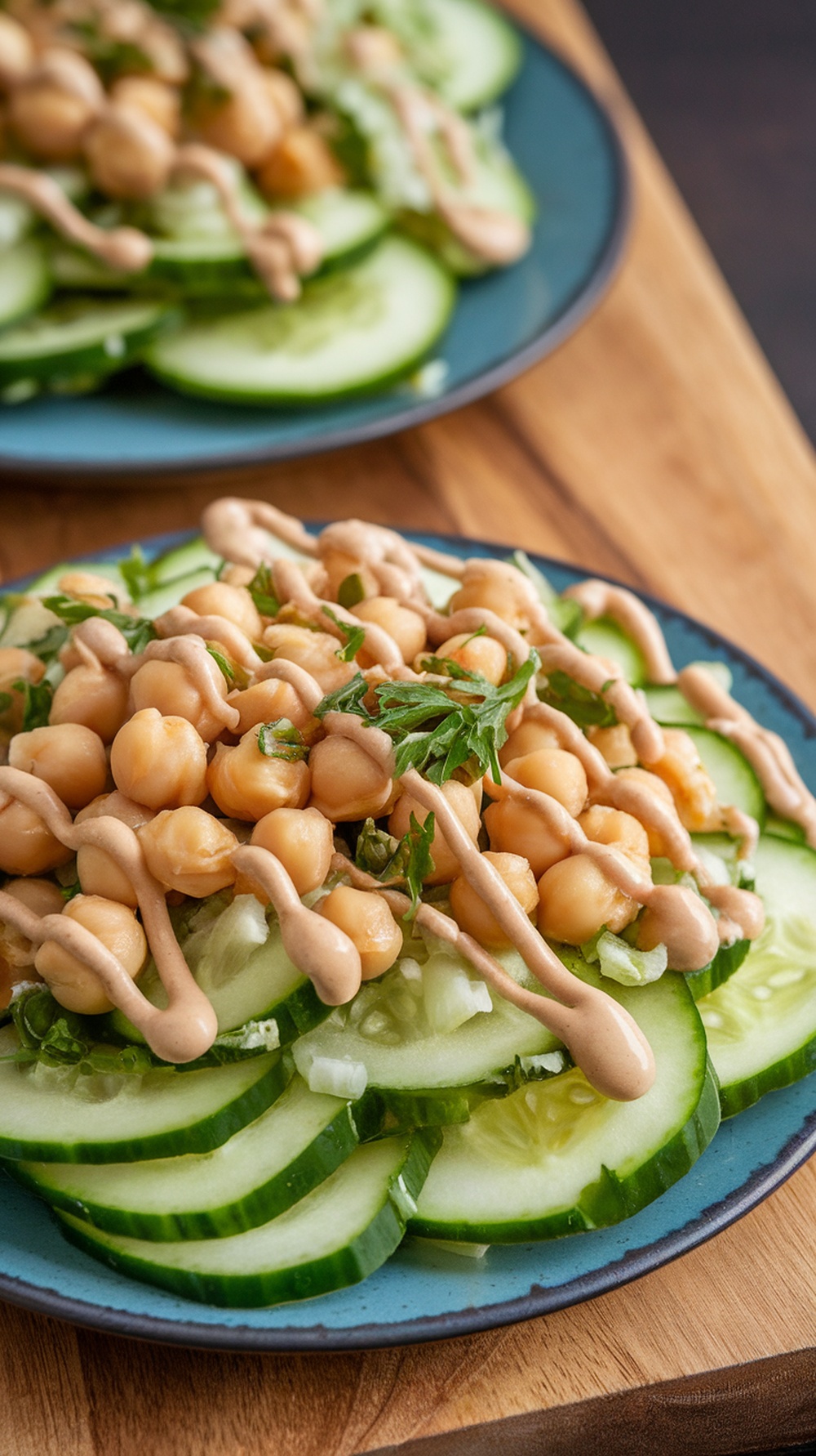 A vibrant cucumber and chickpea salad drizzled with tahini dressing.