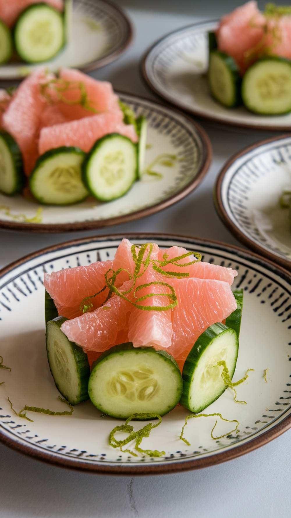 A vibrant cucumber and grapefruit salad garnished with lime zest and mint leaves.