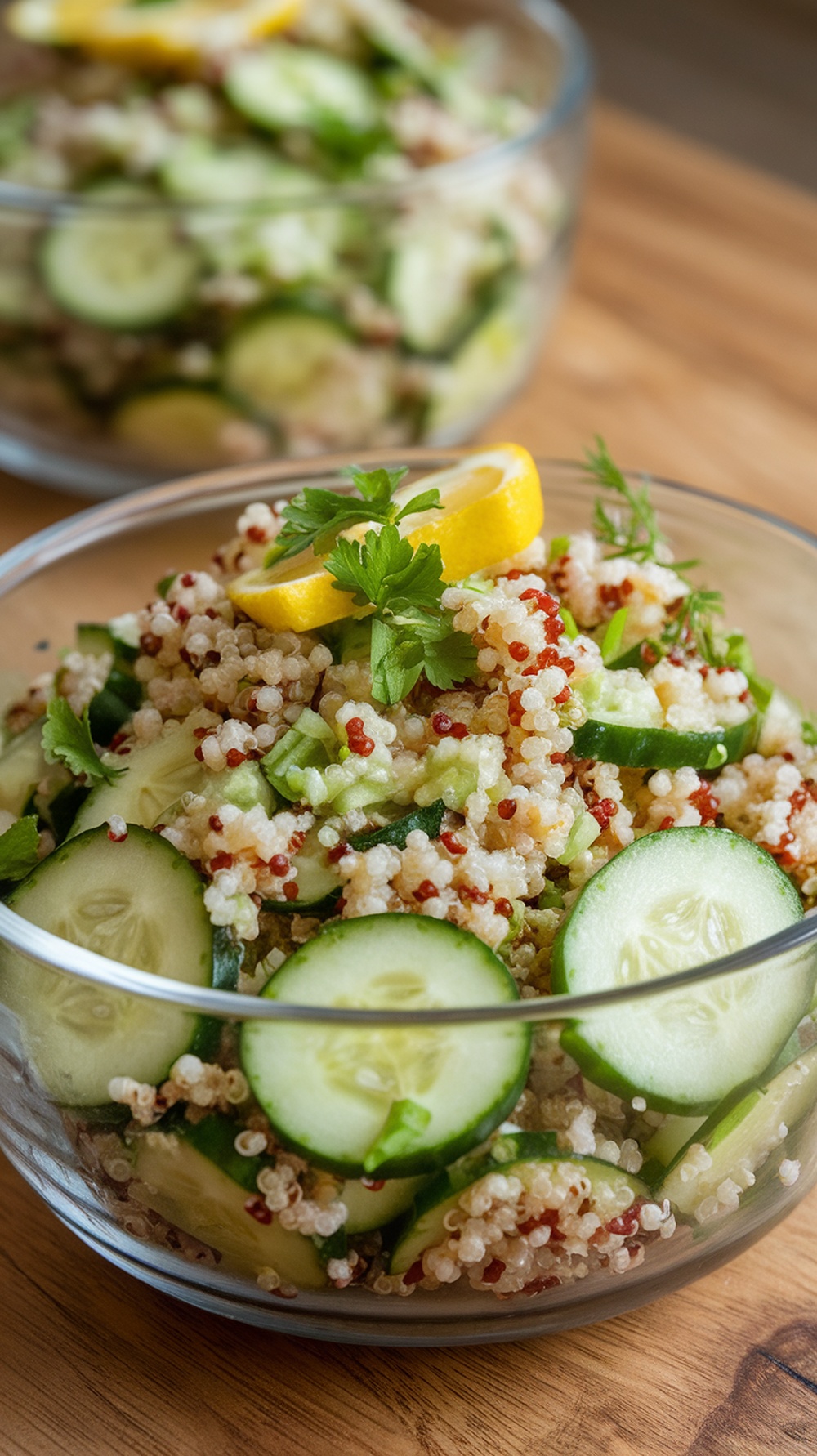 A refreshing cucumber and quinoa salad with lemon dressing served in a bowl.