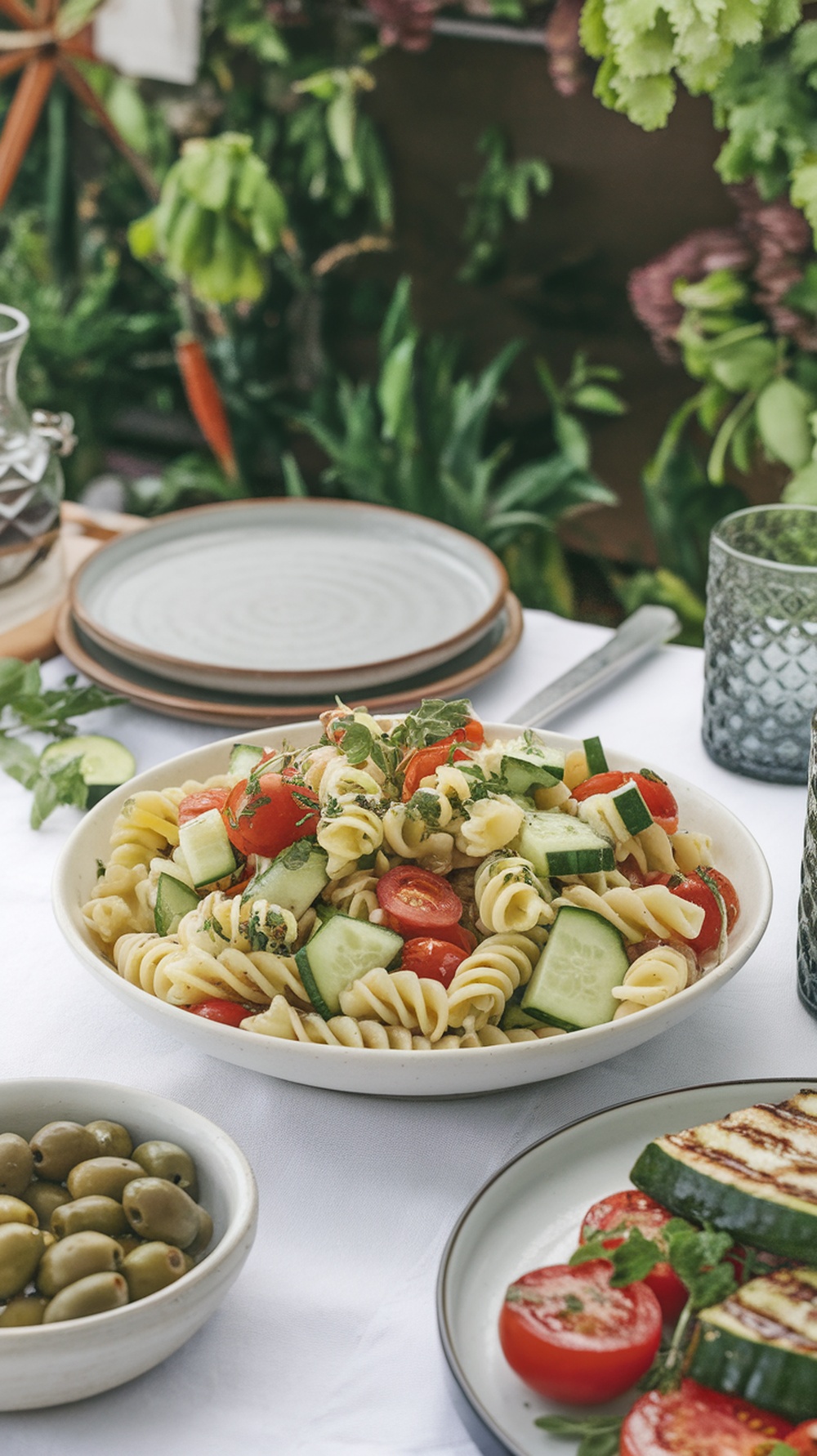 Cucumber and Tomato Pasta Salad served in a bowl with fresh ingredients.