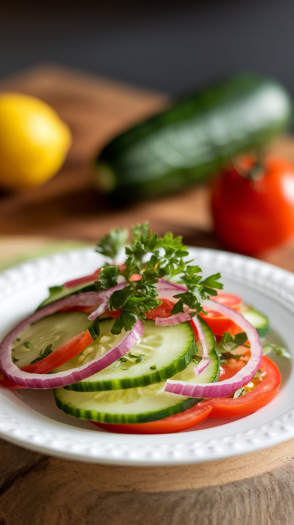 A fresh cucumber and tomato salad with red onion and parsley on a white plate.
