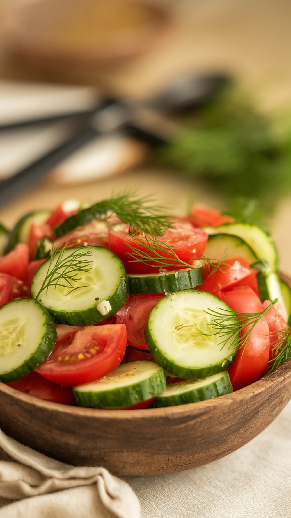 A refreshing cucumber and tomato salad with dill in a wooden bowl.
