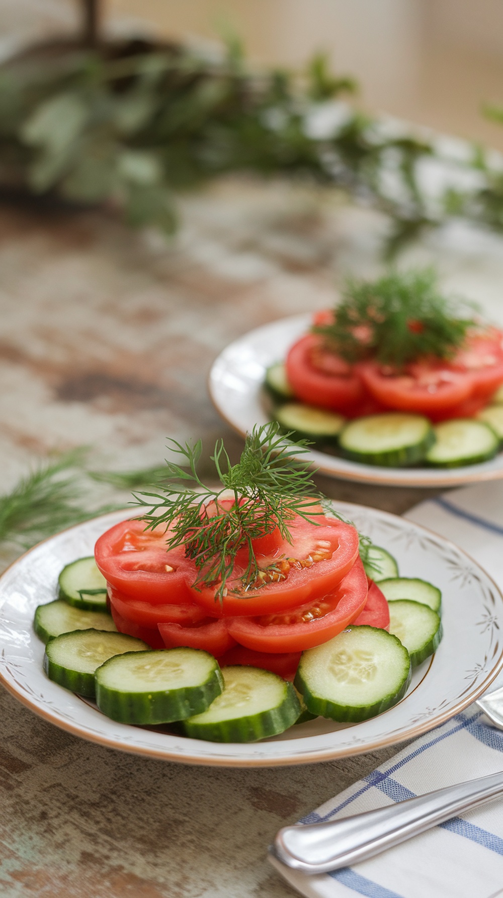 A fresh cucumber and tomato salad garnished with dill.