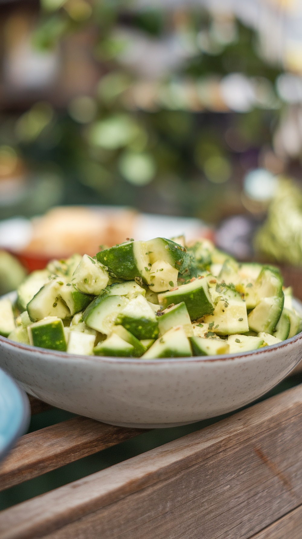 A bowl of cucumber avocado crunch salad.