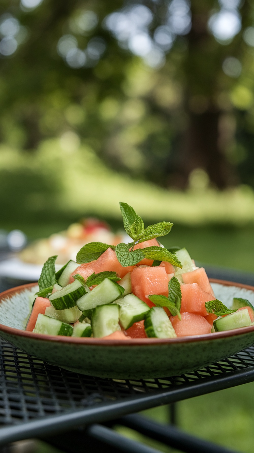 A vibrant cucumber and melon salad topped with fresh mint leaves on a plate.