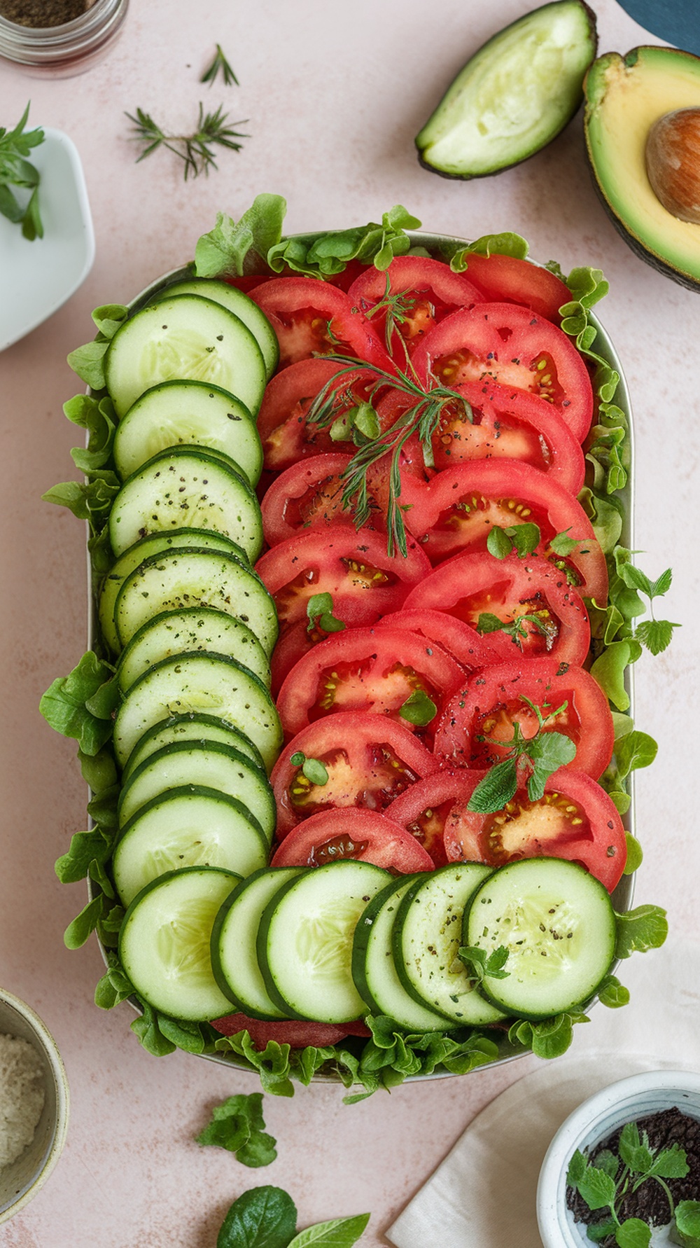 A colorful cucumber, tomato, and avocado salad arranged in a bowl with greens