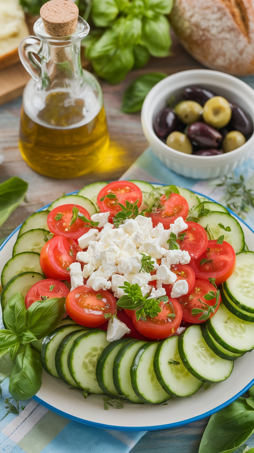 A vibrant Cucumber Tomato Salad with Feta, garnished with parsley.