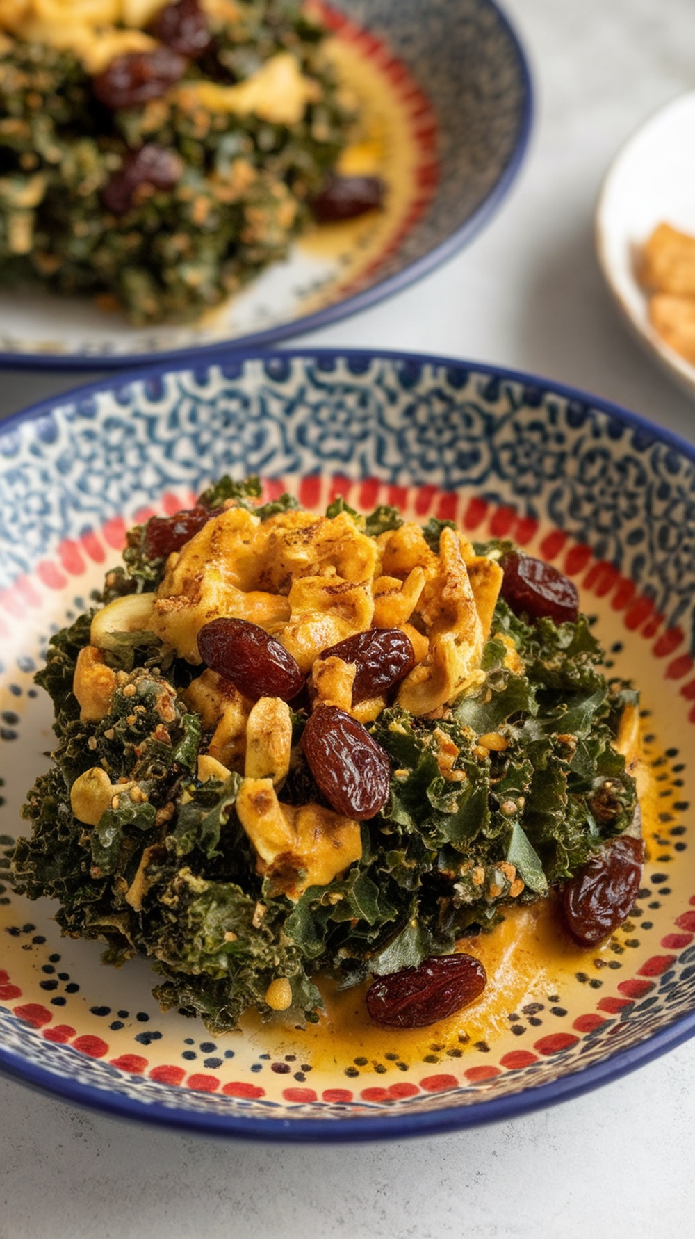 Curried kale salad with raisins, cashews, and red onion on a decorative plate
