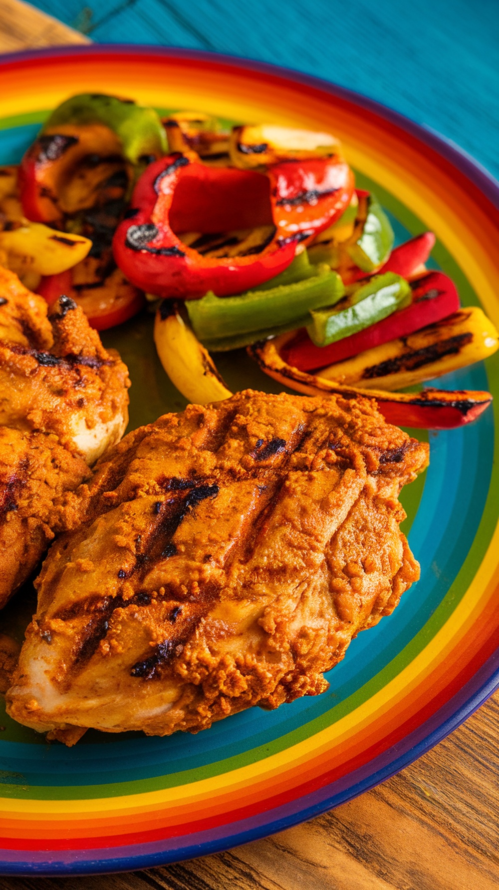 Curry Coconut Grilled Chicken served with colorful grilled vegetables.