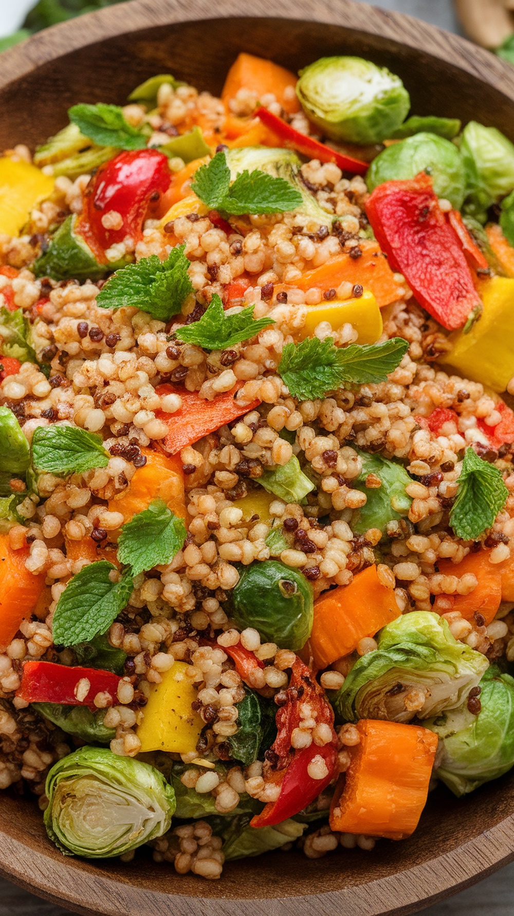 A colorful farro salad with roasted vegetables, garnished with mint.