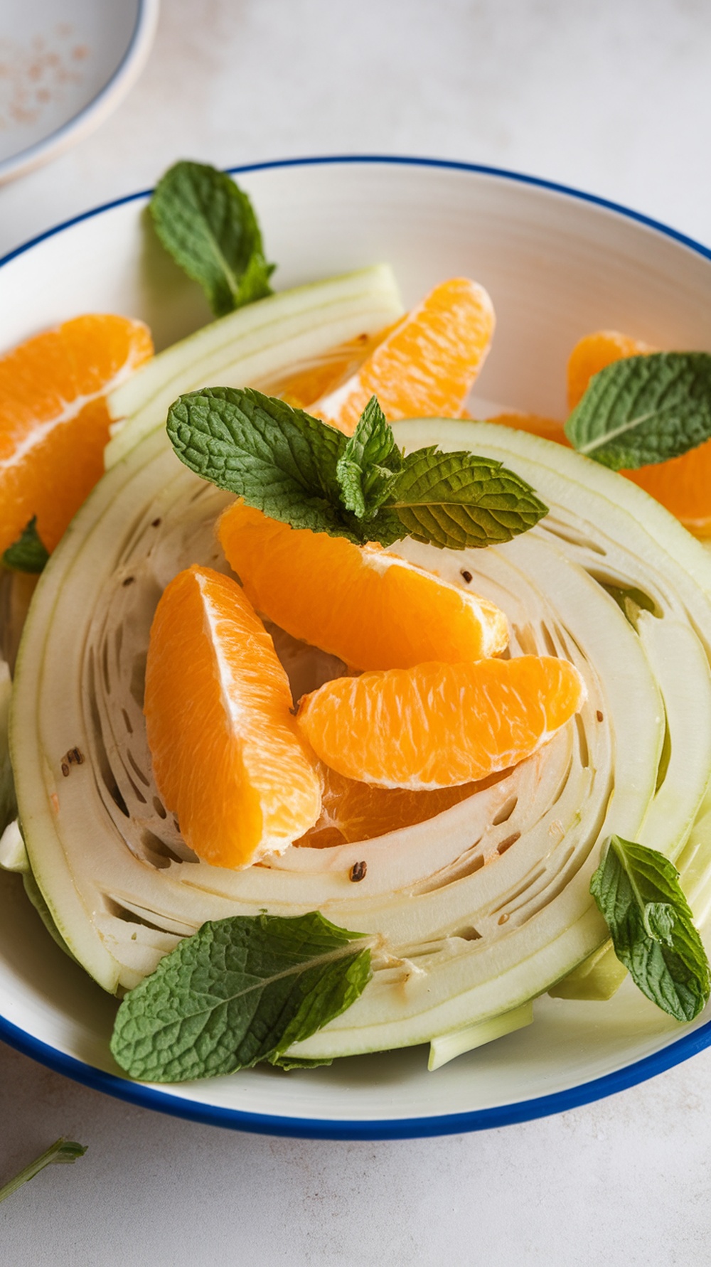 A vibrant fennel and orange salad with fresh mint leaves