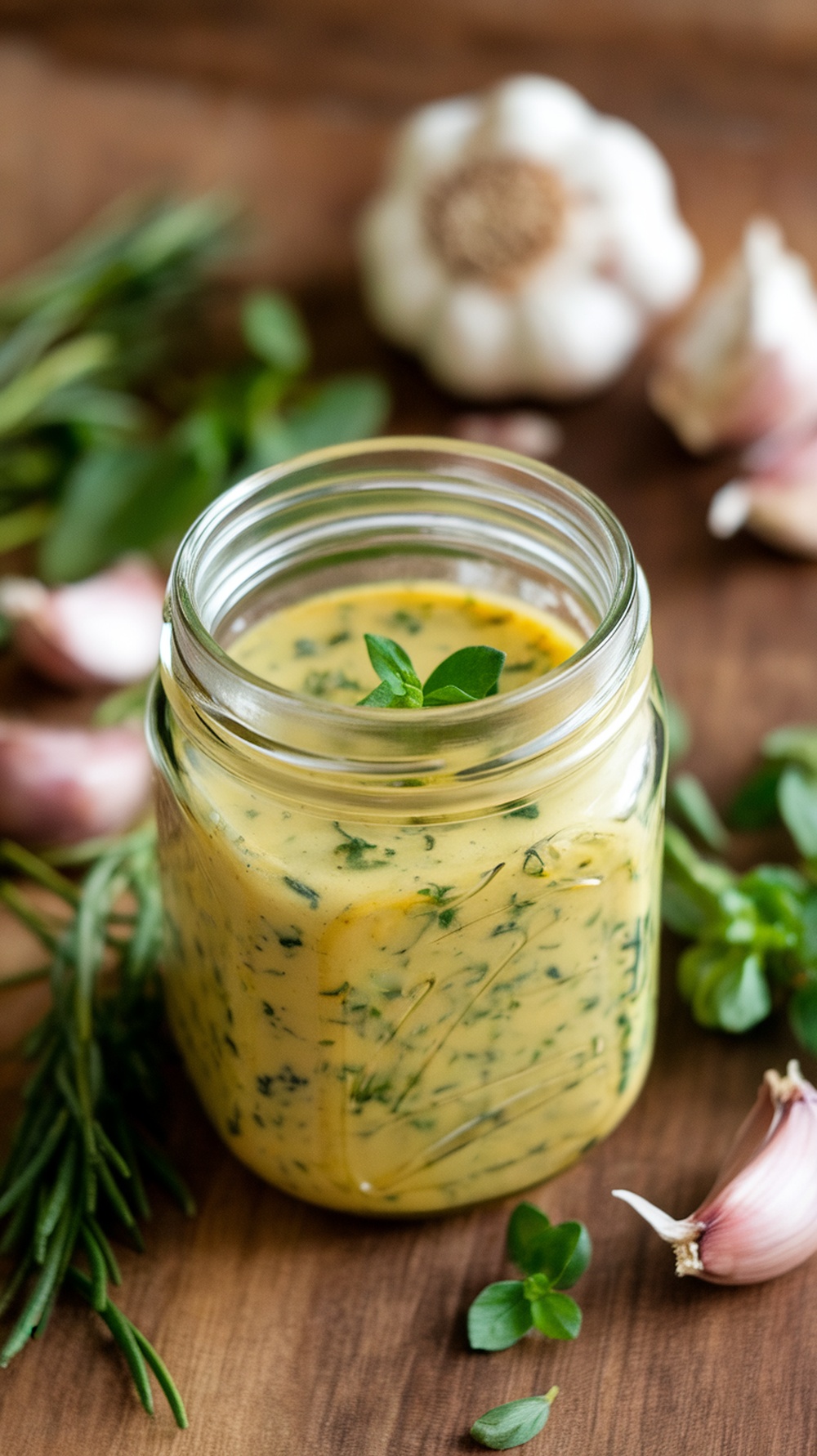 A homemade garlic and herb dressing in a jar surrounded by fresh garlic and herbs.