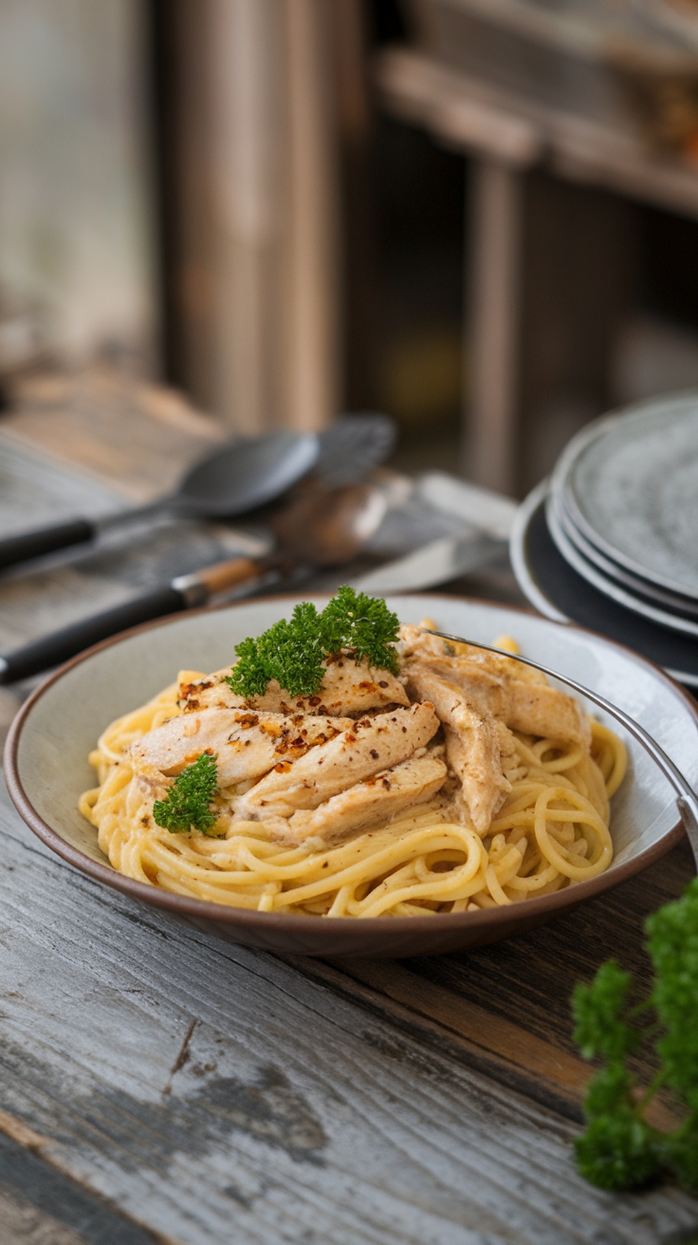 A plate of garlic butter chicken spaghetti garnished with parsley.