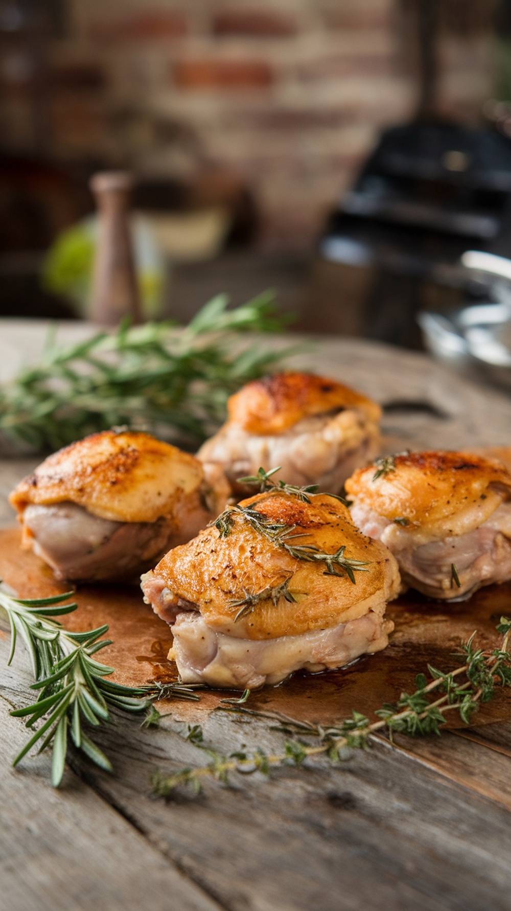 Delicious garlic herb roasted chicken thighs on a wooden board with fresh herbs