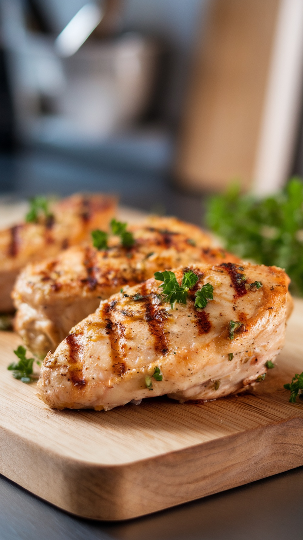A plate of Garlic Parmesan Grilled Chicken garnished with parsley.