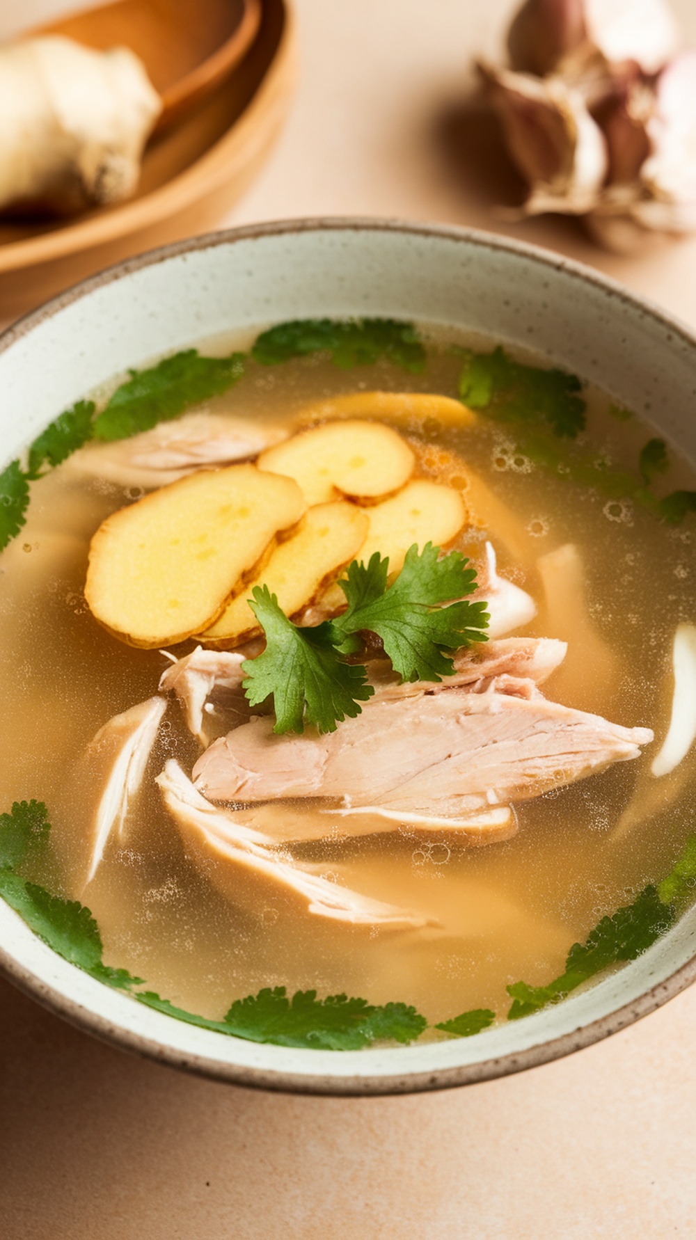 Bowl of ginger garlic chicken soup with cilantro and ginger slices