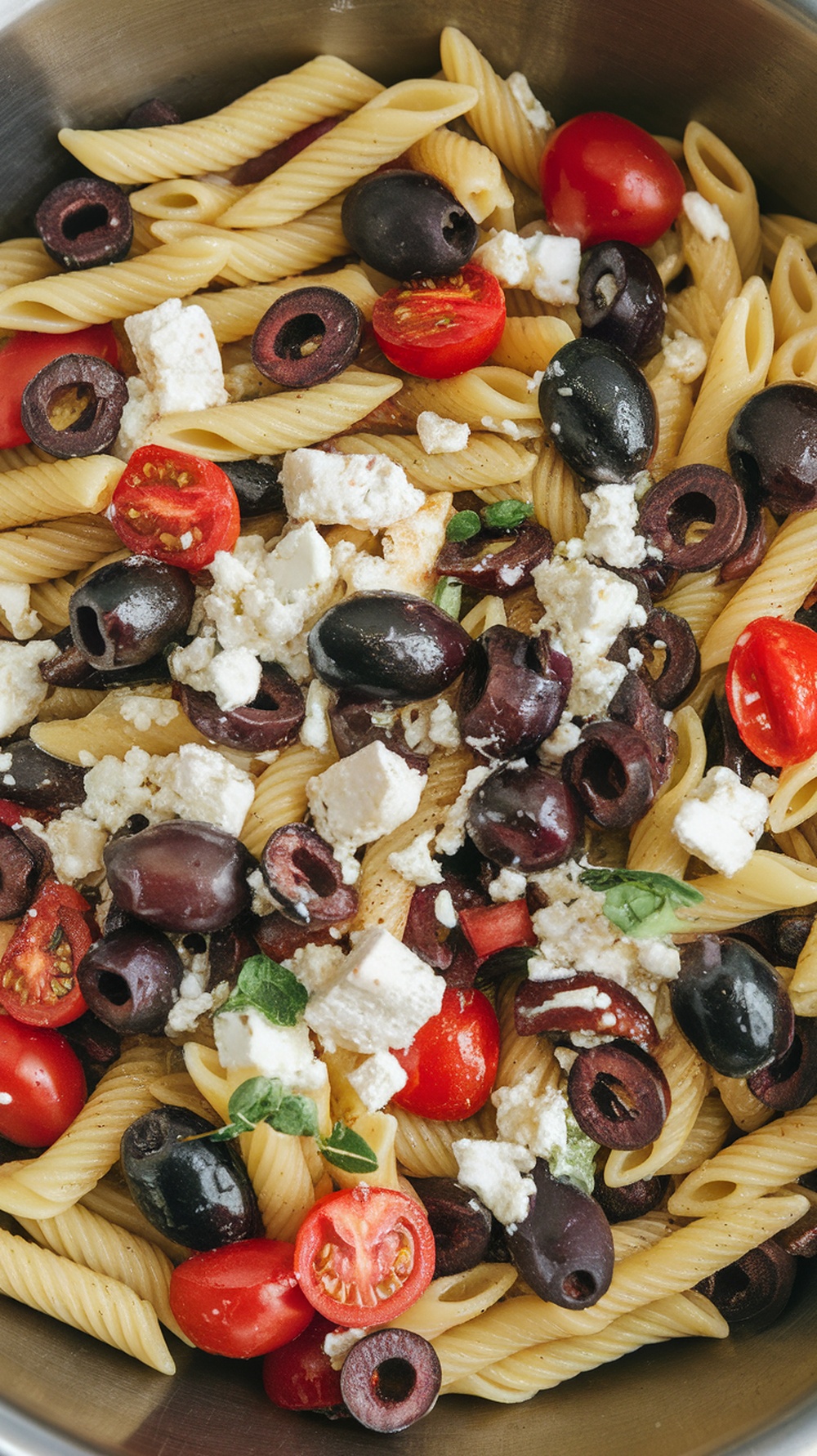 A colorful Greek Pasta Salad featuring olives, feta, and cherry tomatoes.