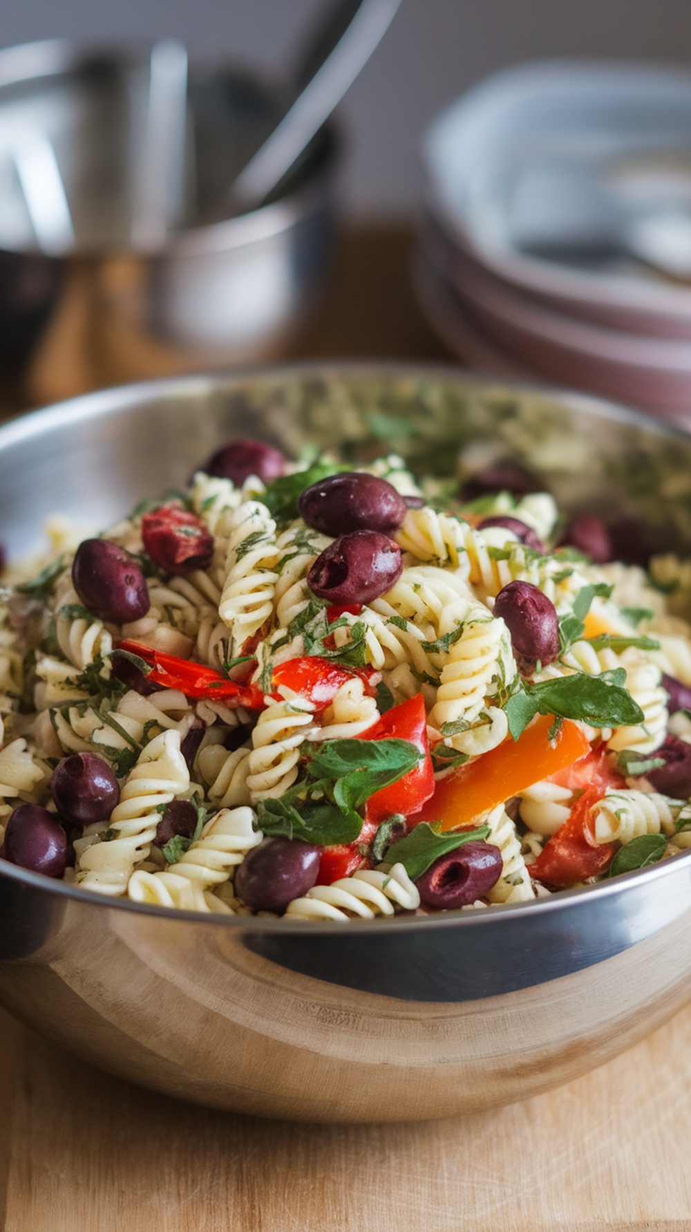 A bowl of Greek pasta salad with olives, peppers, and herbs.