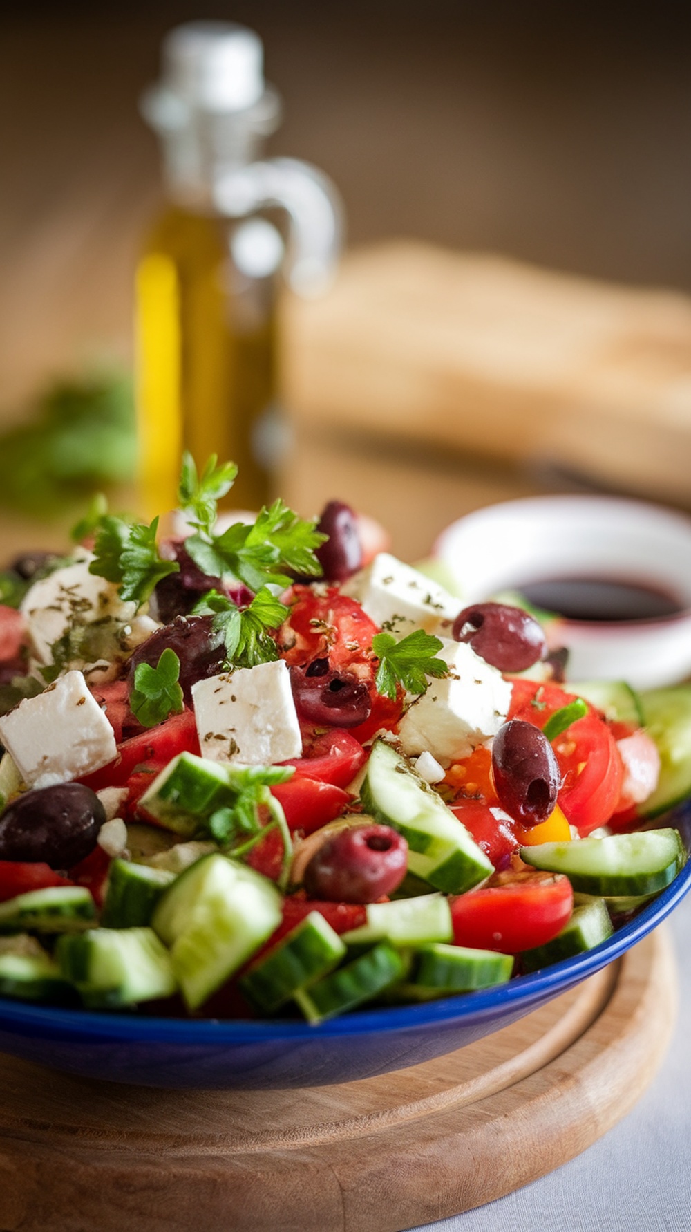 A colorful Greek salad featuring fresh vegetables, olives, and feta cheese.