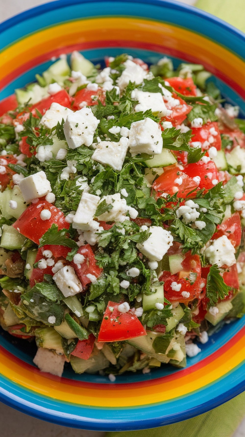 A colorful Greek Tabbouleh Salad with feta cheese, vegetables, and herbs.