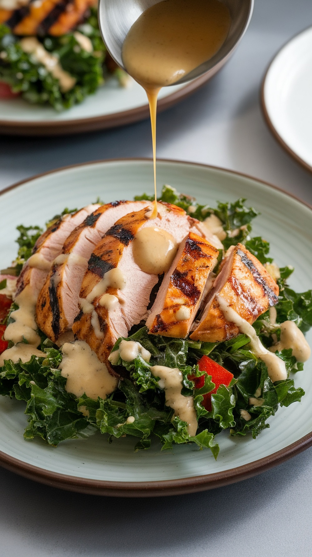 A delicious Grilled Chicken and Kale Salad topped with creamy dressing.