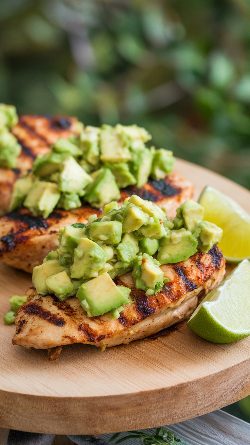 Grilled chicken topped with avocado salsa and lime wedges