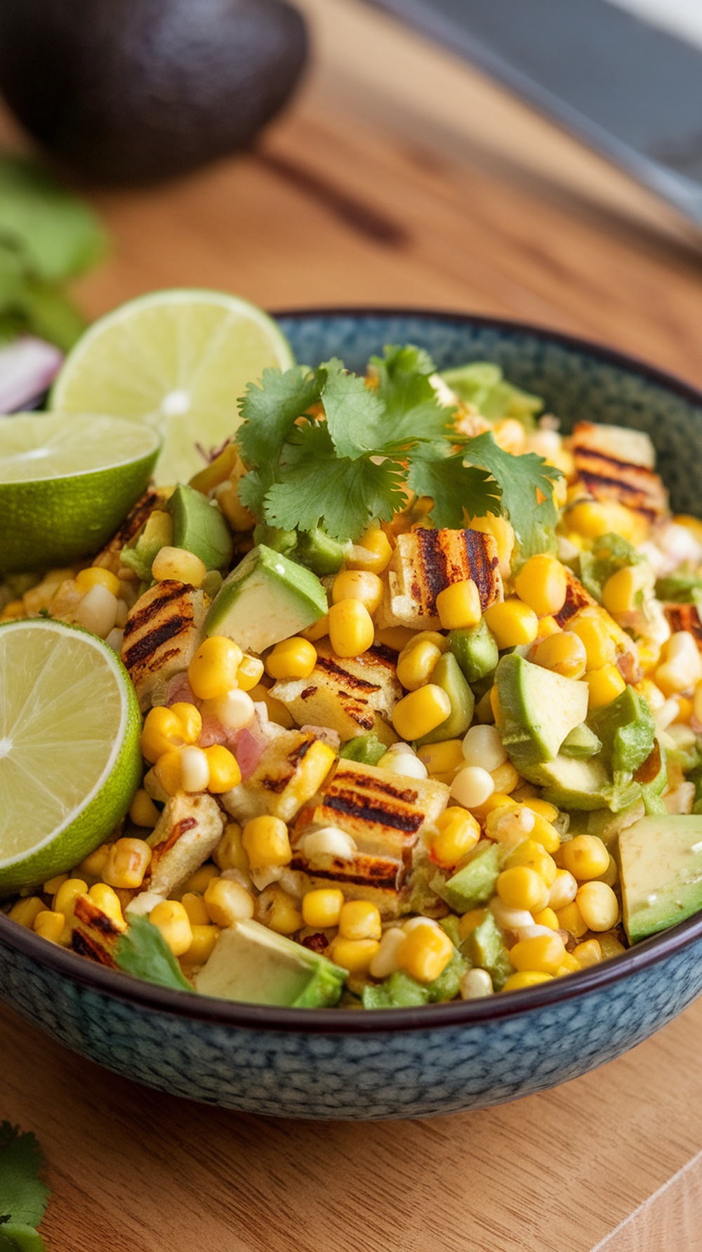 A colorful bowl of grilled corn and avocado salad with lime wedges and cilantro.