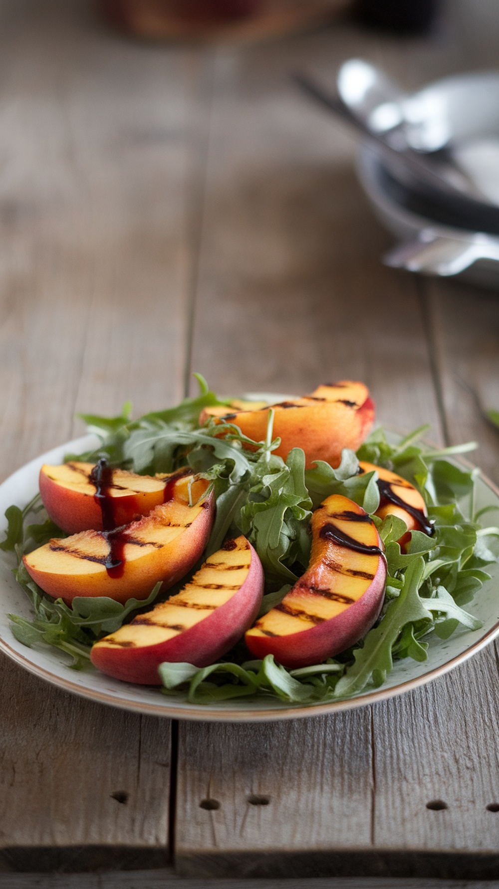 Grilled peach and arugula salad on a plate