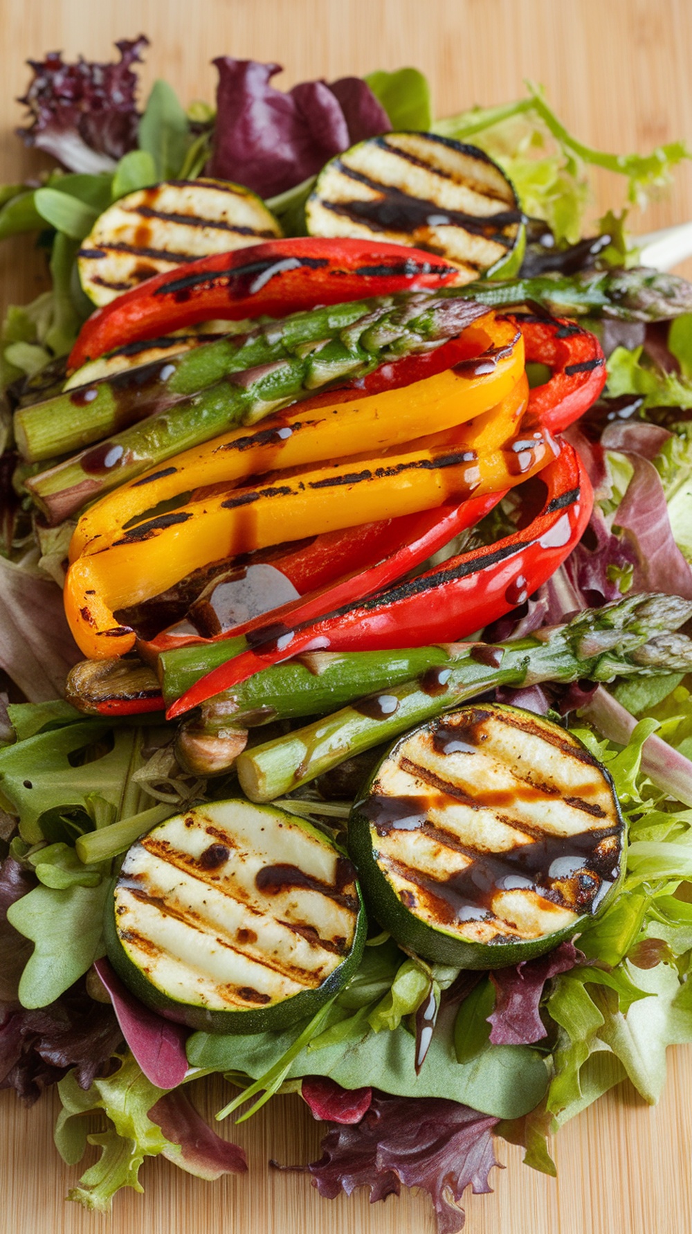 A colorful grilled vegetable salad featuring zucchini, bell peppers, asparagus, and mixed greens.