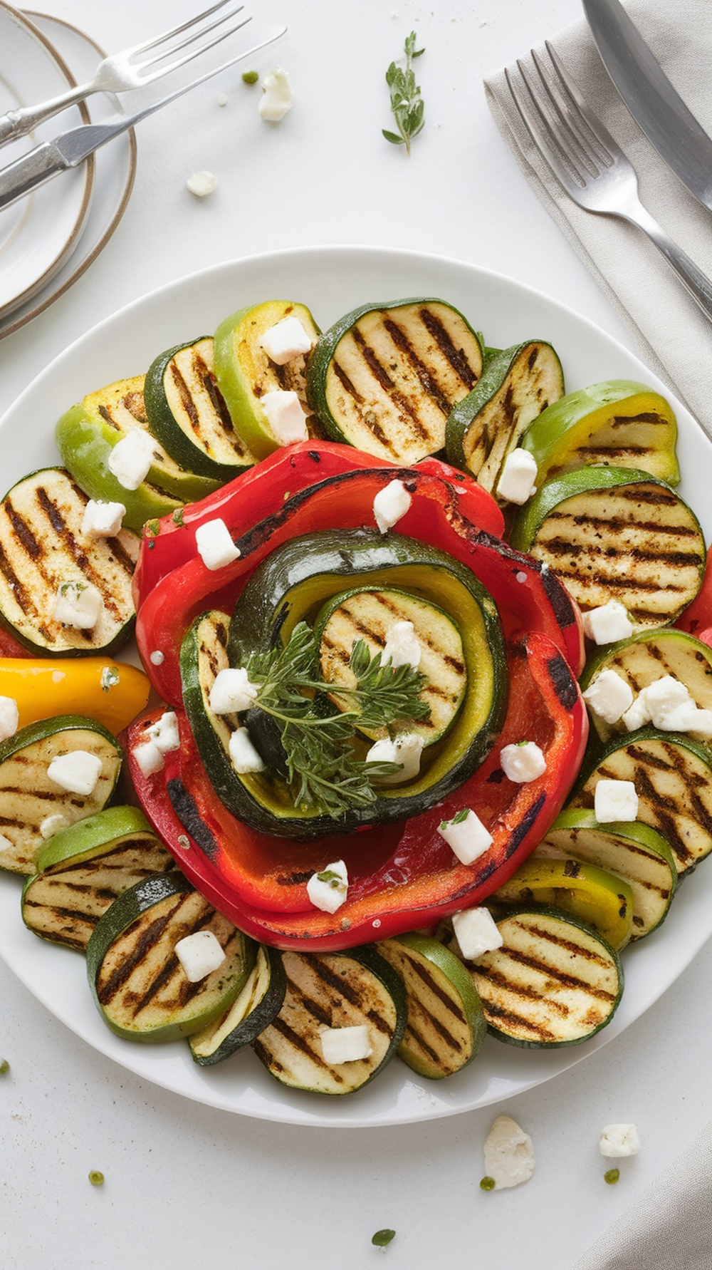A colorful grilled vegetable salad featuring zucchini, bell peppers, and feta cheese.