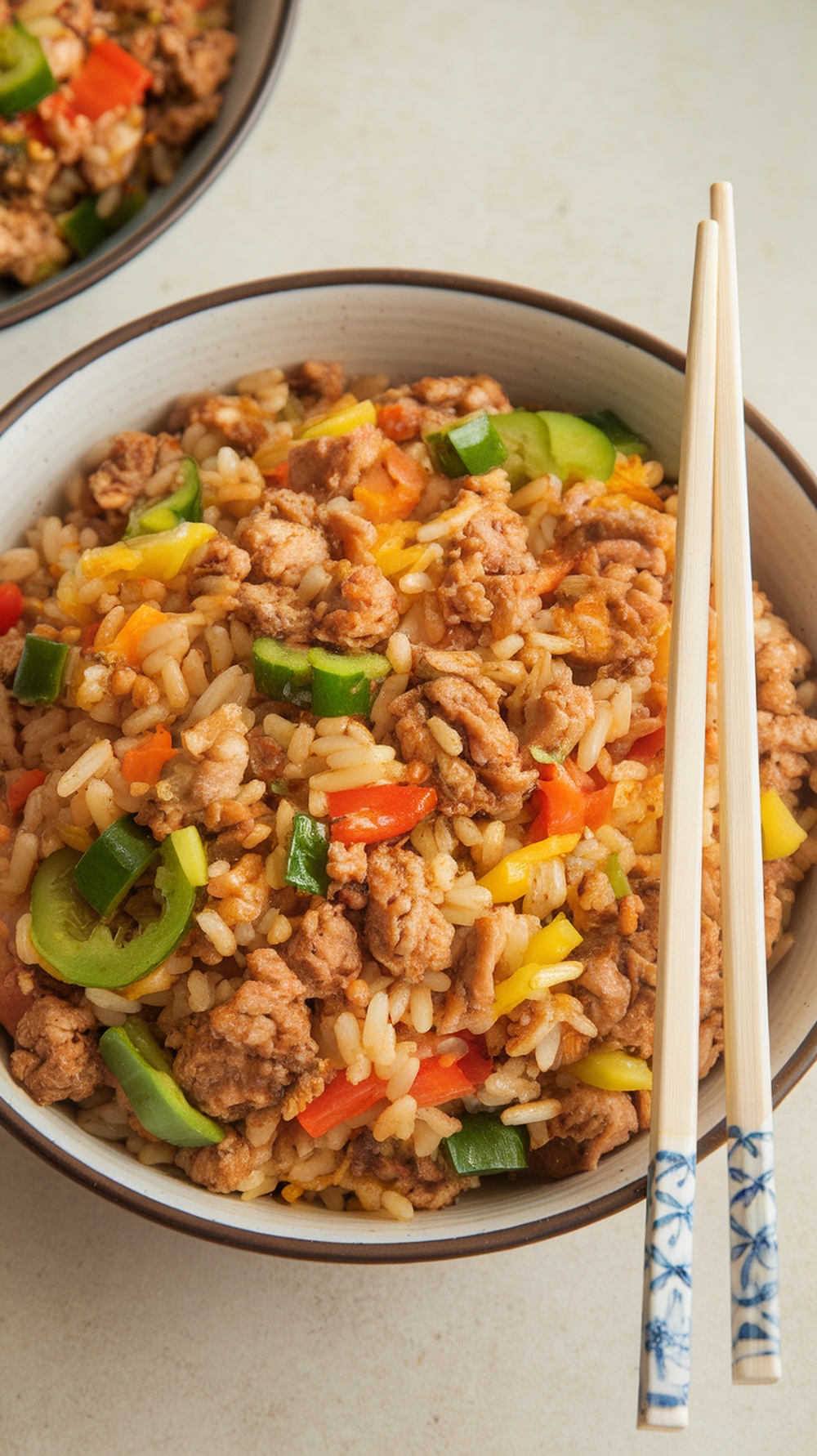 Colorful bowl of ground chicken and vegetable fried rice with chopsticks.