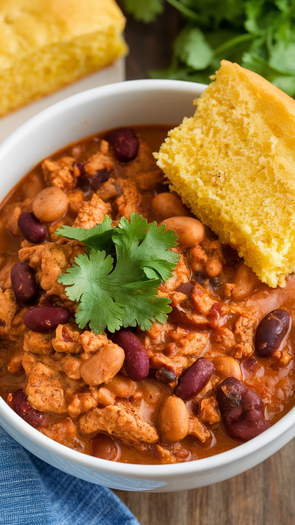 A bowl of ground chicken chili with beans, garnished with cilantro and accompanied by cornbread.