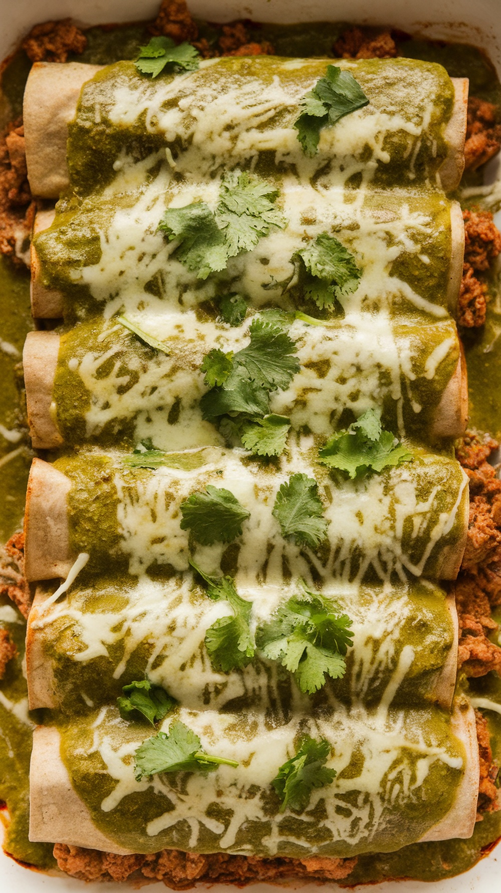 Ground chicken enchiladas with green sauce, topped with cheese and cilantro