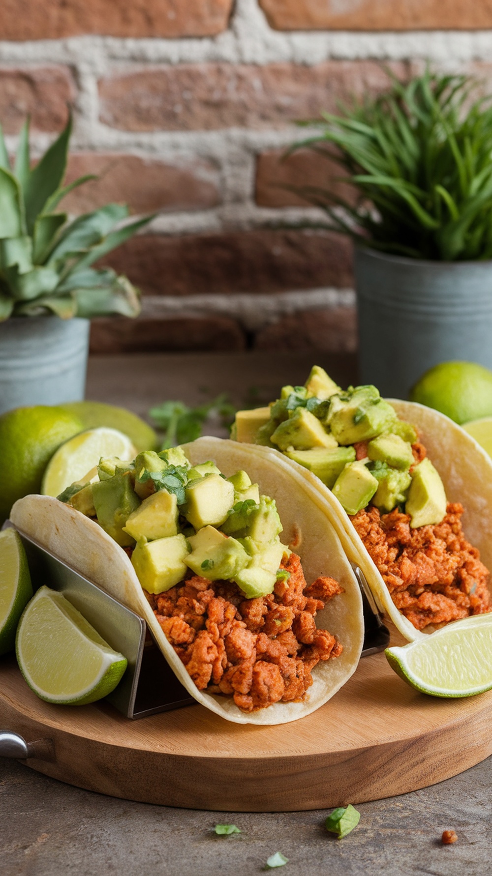 Ground chicken tacos topped with avocado salsa and lime wedges.