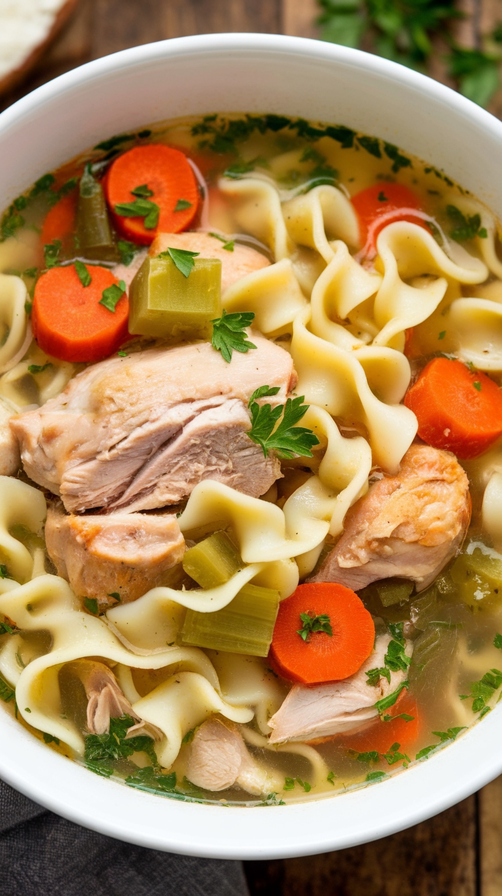 A bowl of hearty chicken noodle soup with carrots, celery, and egg noodles.