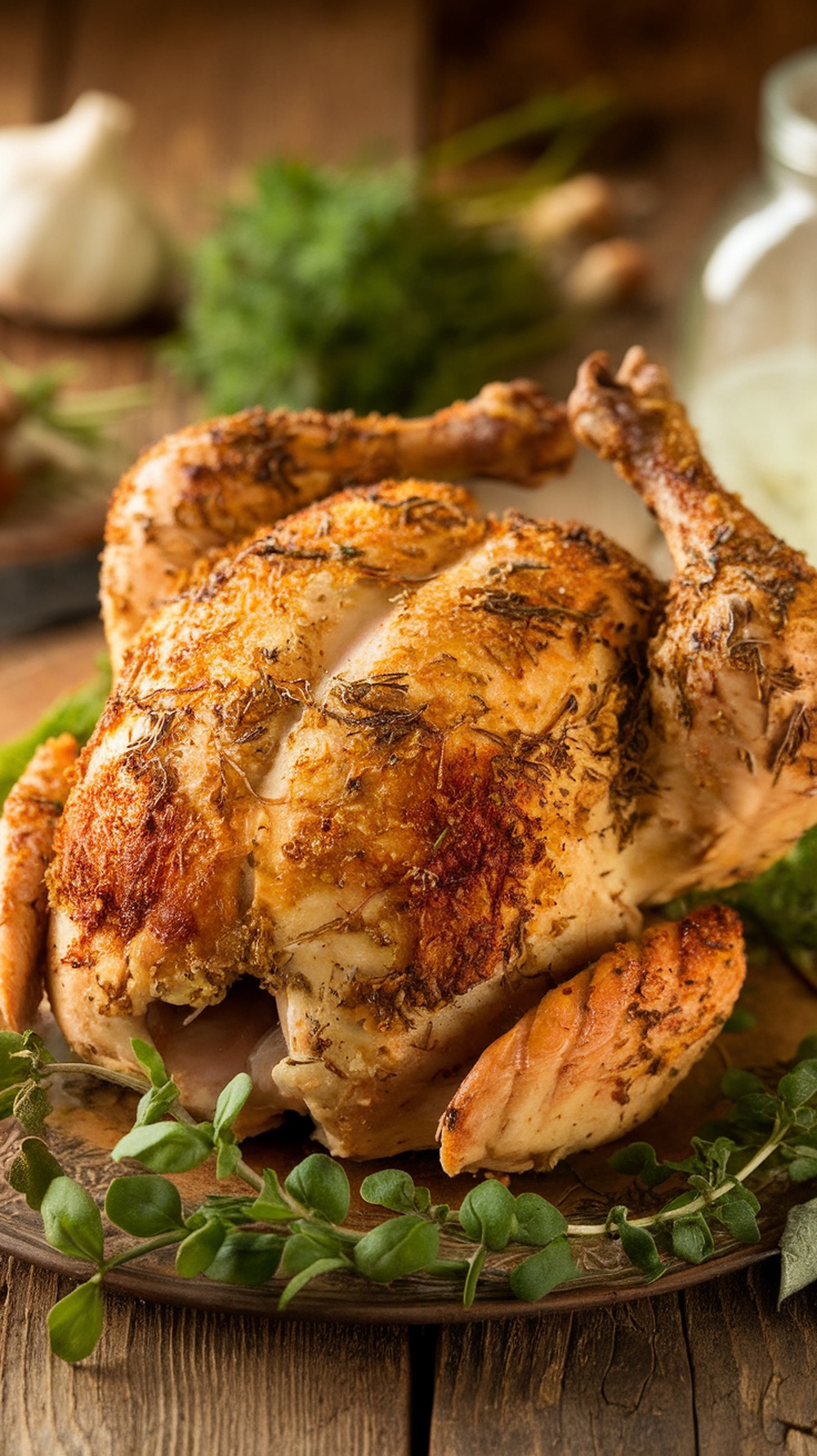 A golden brown herb-crusted chicken resting on a wooden surface