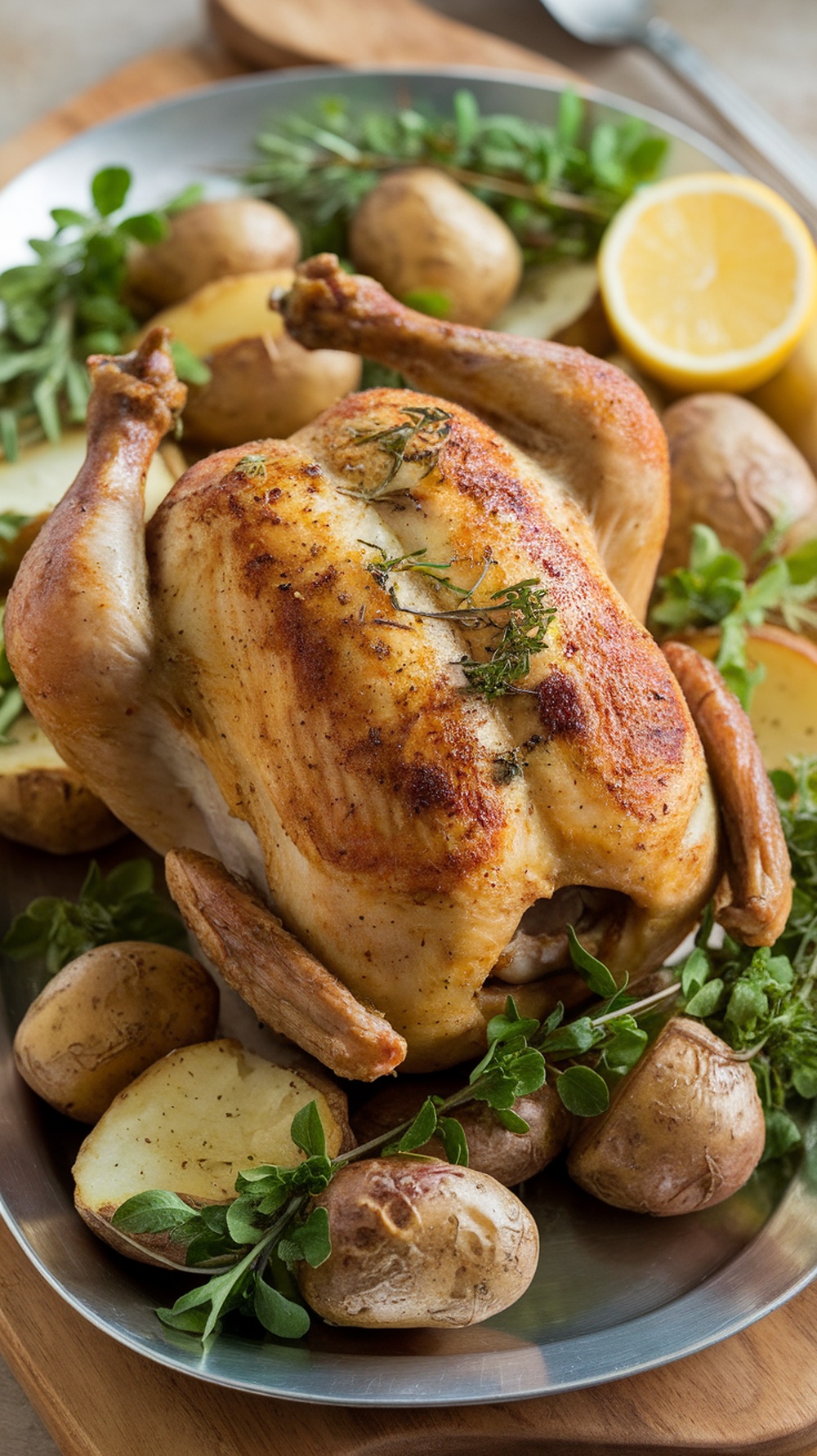 A delicious herb roasted chicken with potatoes, garnished with fresh herbs.