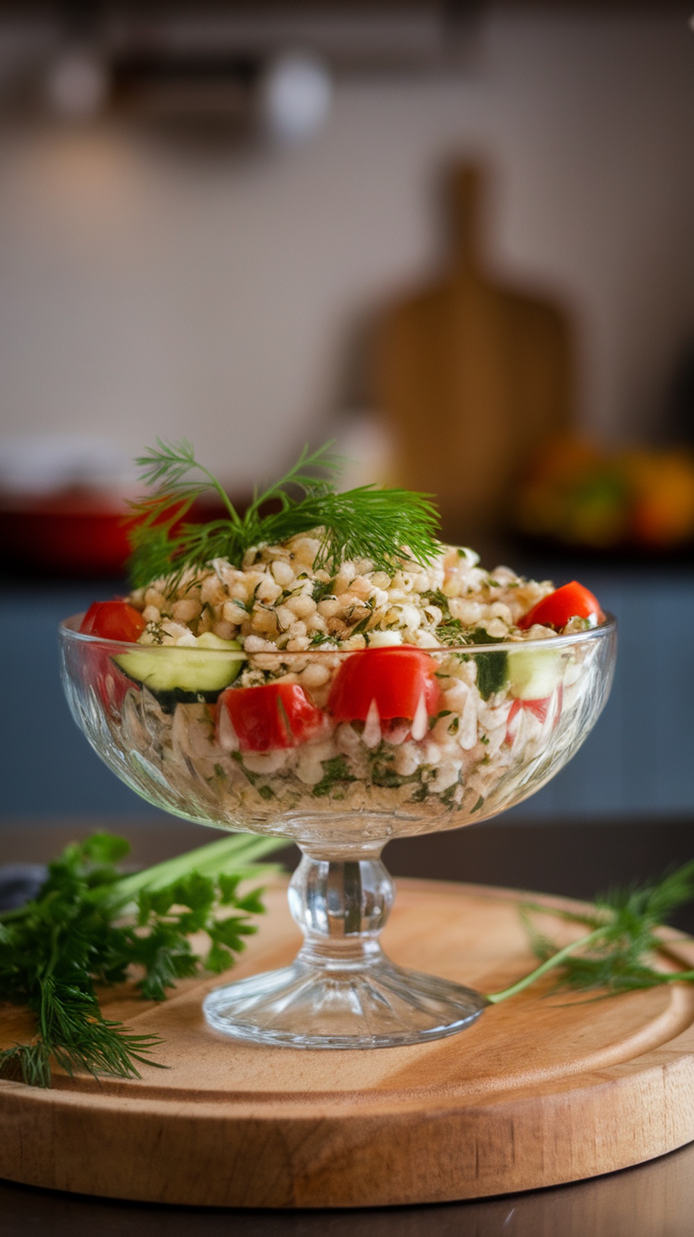 A bowl of herbed barley salad with fresh vegetables and herbs.