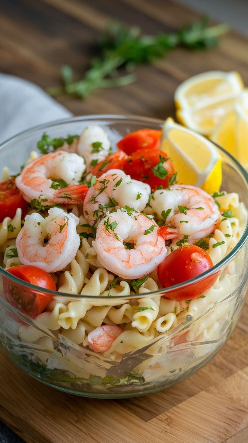 A bowl of Herbed Garlic Shrimp Pasta Salad with shrimp, cherry tomatoes, and herbs.