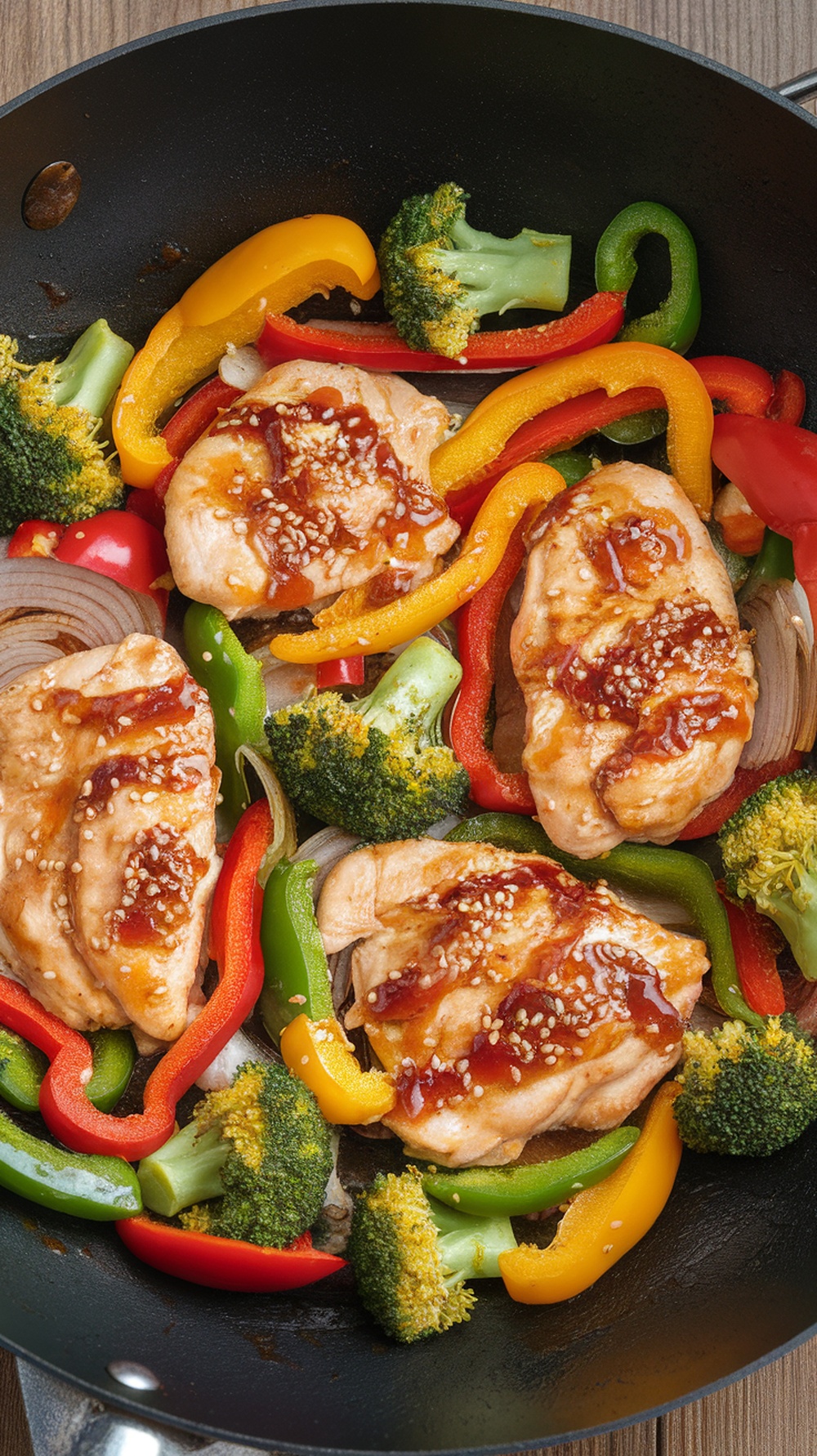 A colorful honey garlic chicken stir-fry with vegetables