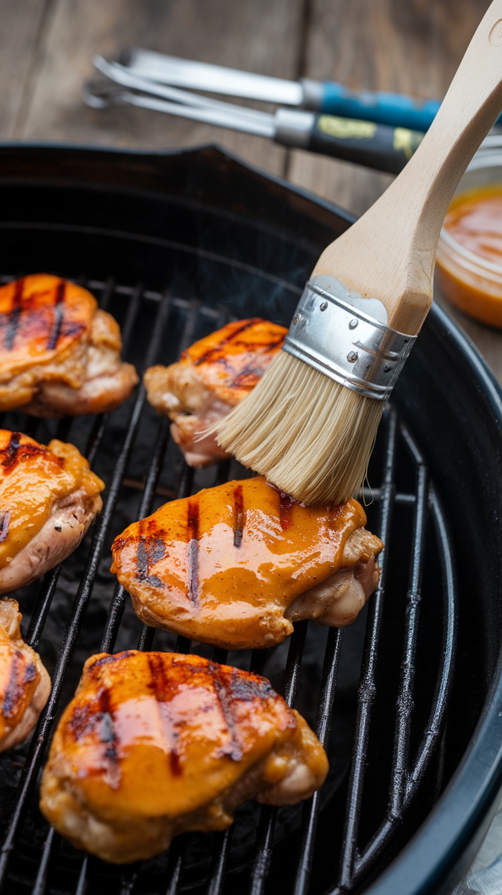 Honey mustard glazed chicken thighs being grilled